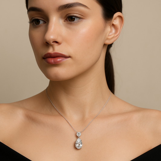 Generated image of a female model wearing the diamond drop pendant necklace