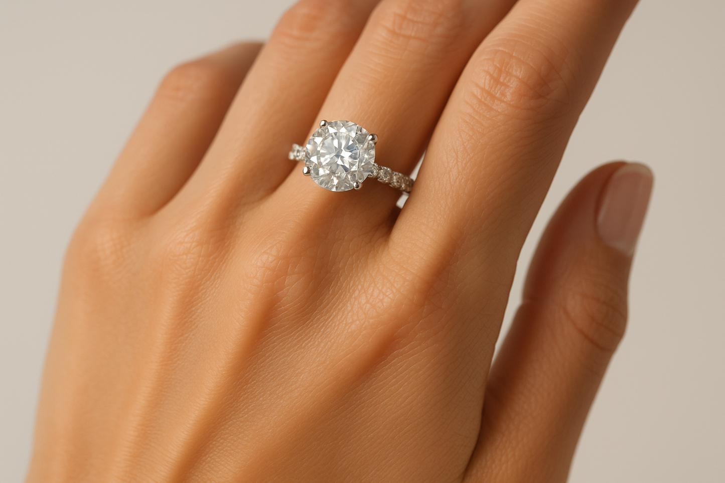 Generated image of a female model wearing the diamond engagement ring