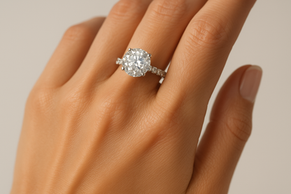 Generated image of a female model wearing the diamond engagement ring