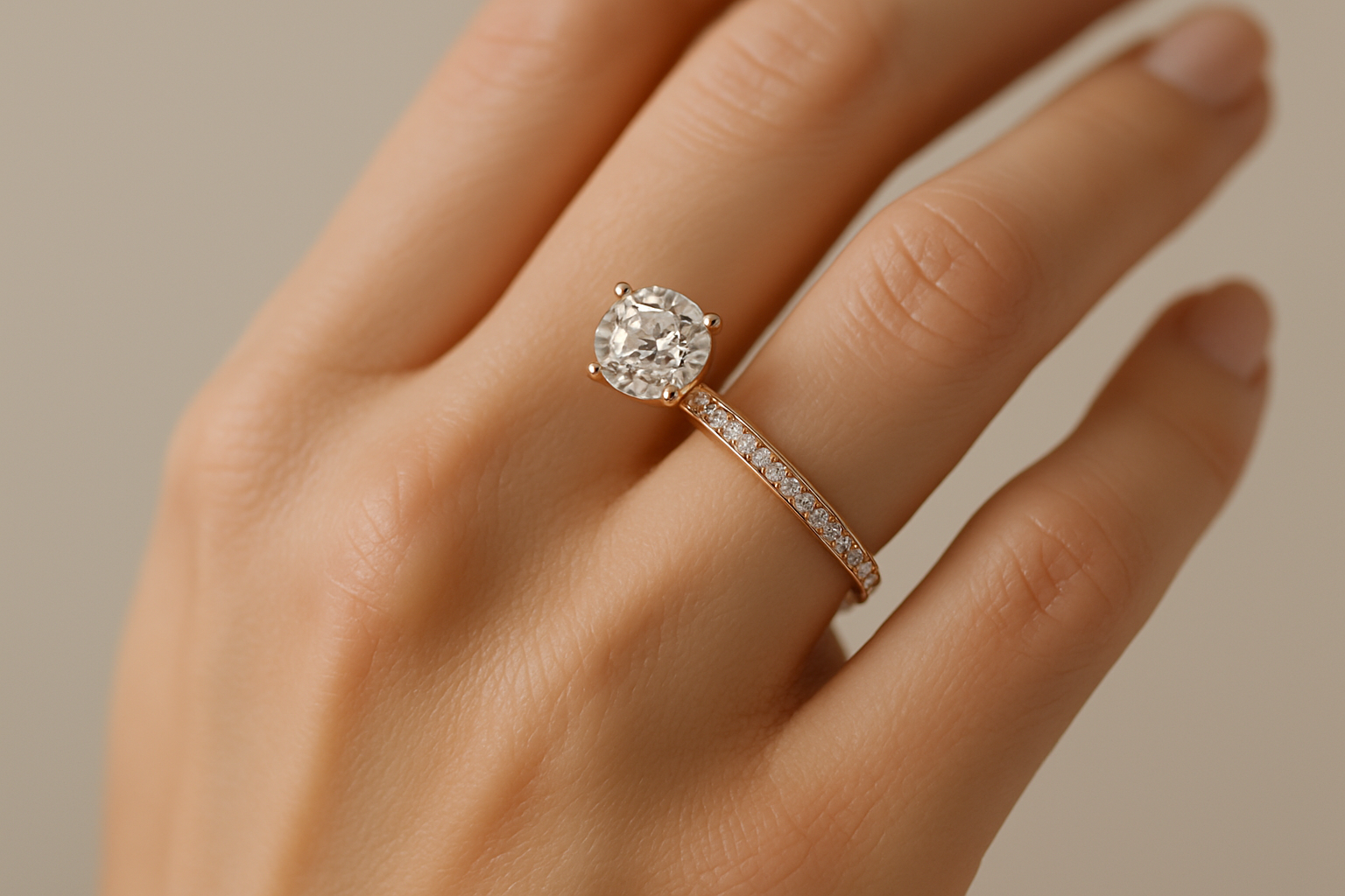 Generated image of a female model wearing the diamond engagement ring