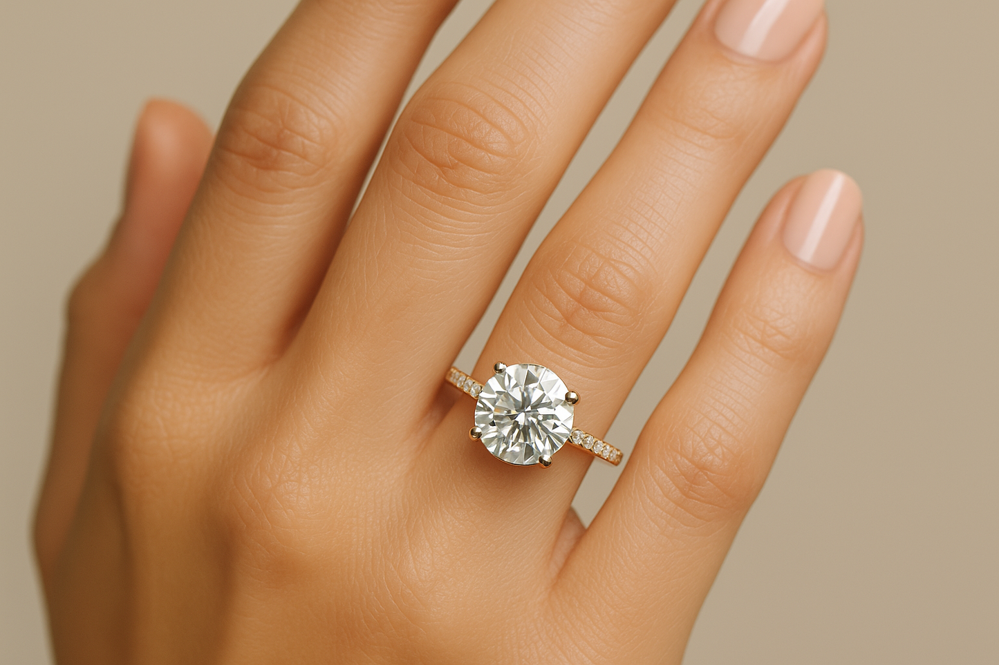 Generated image of a female model wearing the diamond engagement ring