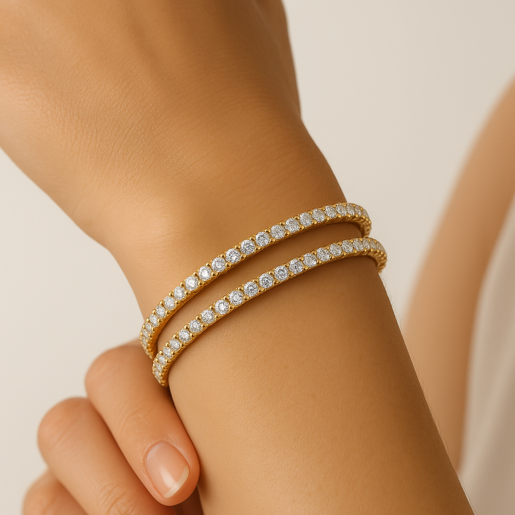 Generated image of a female model wearing the diamond eternity bangles in small size