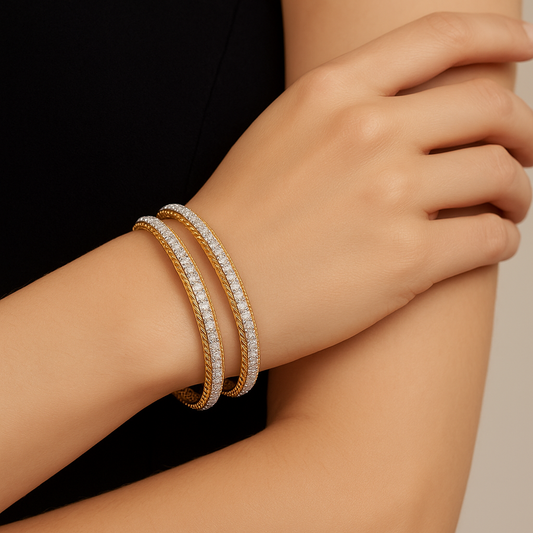 Generated image of a female model wearing the diamond eternity bangles in small size