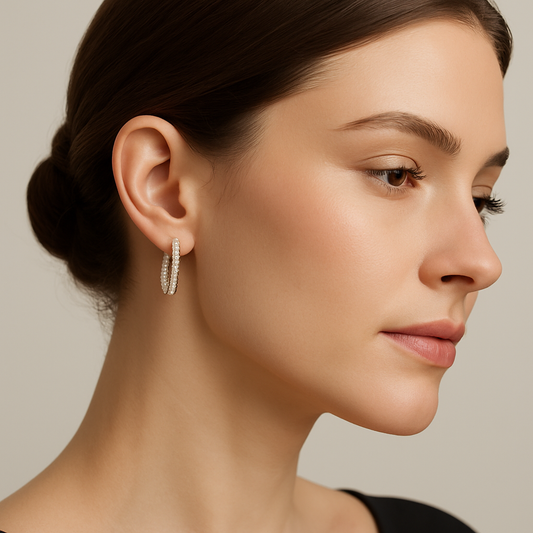 Generated image of a female model wearing the diamond hoop earrings in small size