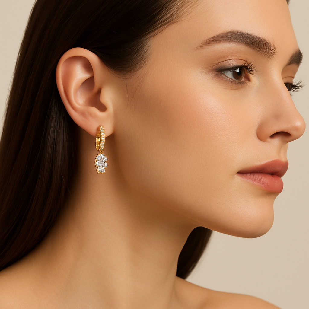 Generated image of a female model wearing the diamond huggie drop earrings in small size