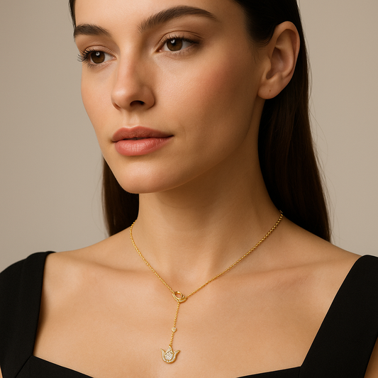 Generated image of a female model wearing the diamond lariat necklace in small size