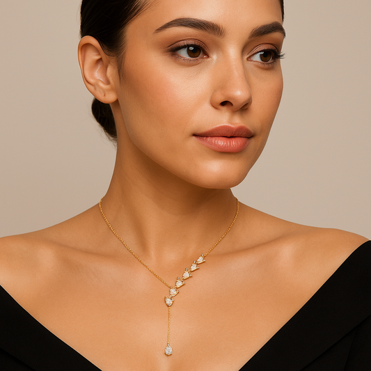 Generated image of a female model wearing the diamond leaf lariat necklace in small size