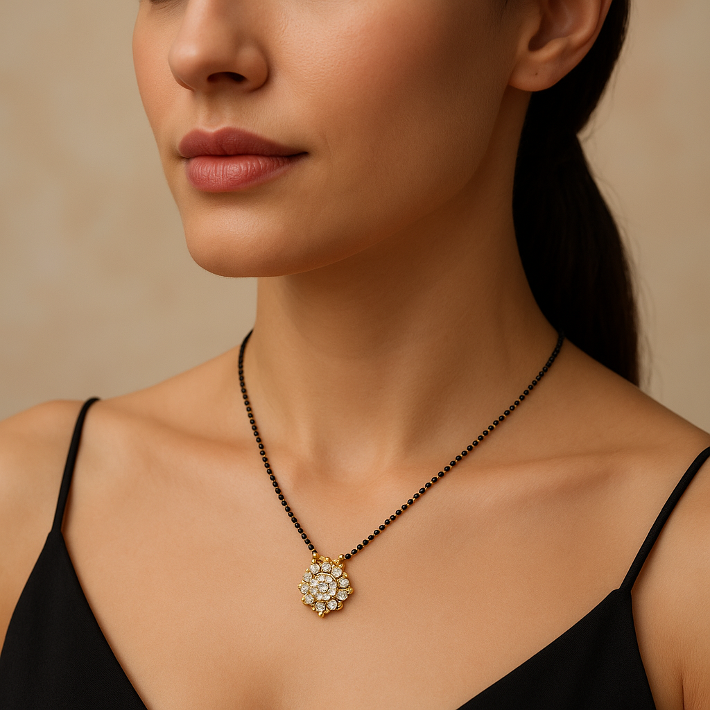 Generated image of a female model wearing the diamond mangalsutra pendant in small size