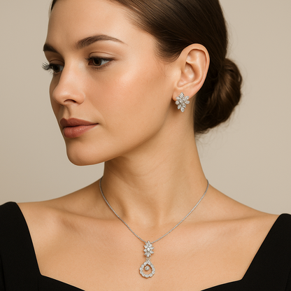 Generated image of a female model wearing the diamond pendant and earring set