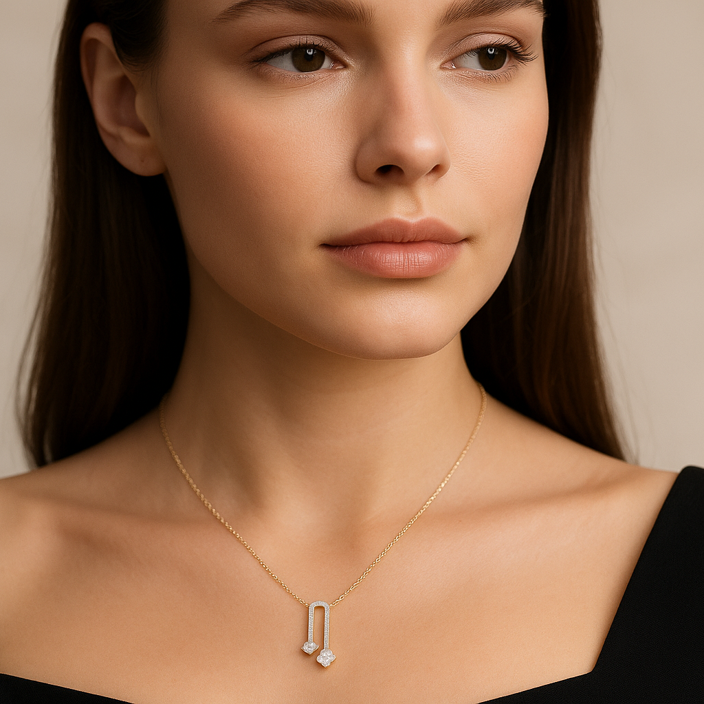 Generated image of a female model wearing the diamond pendant necklace in small size