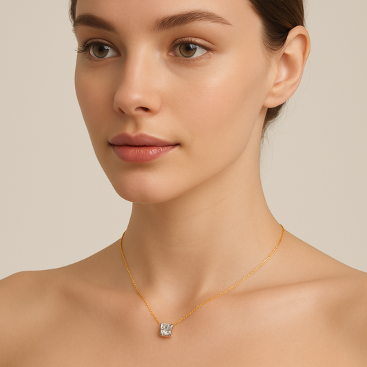 Generated image of a female model wearing the diamond pendant necklace