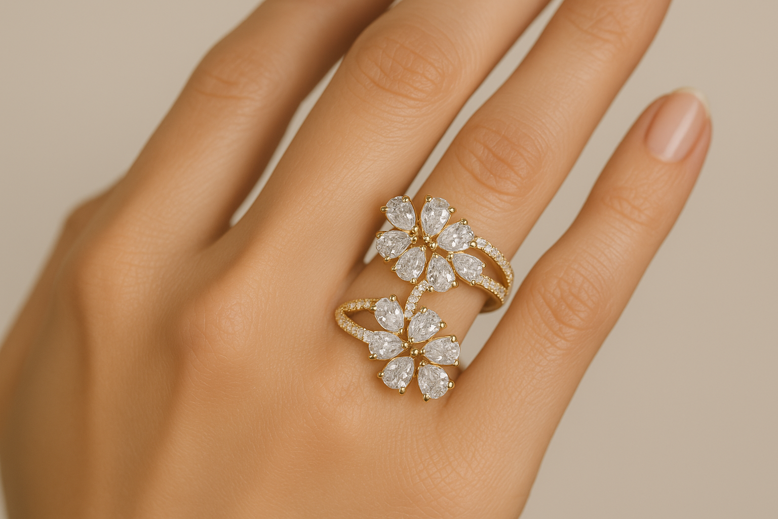 Generated image of a female model wearing the diamond ring in small size