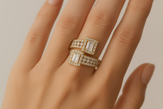 Generated image of a female model wearing the diamond ring in small size