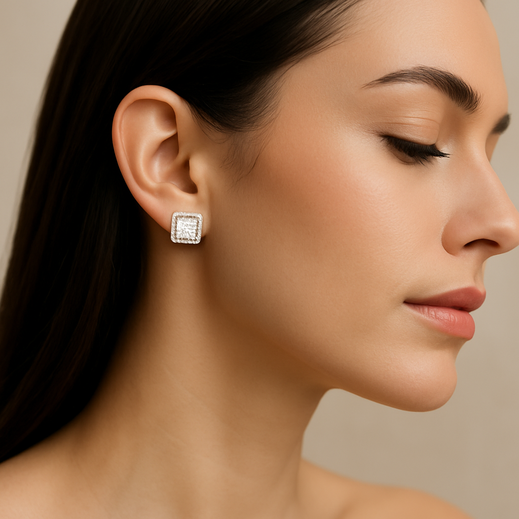 Generated image of a female model wearing the diamond square halo earrings in small size