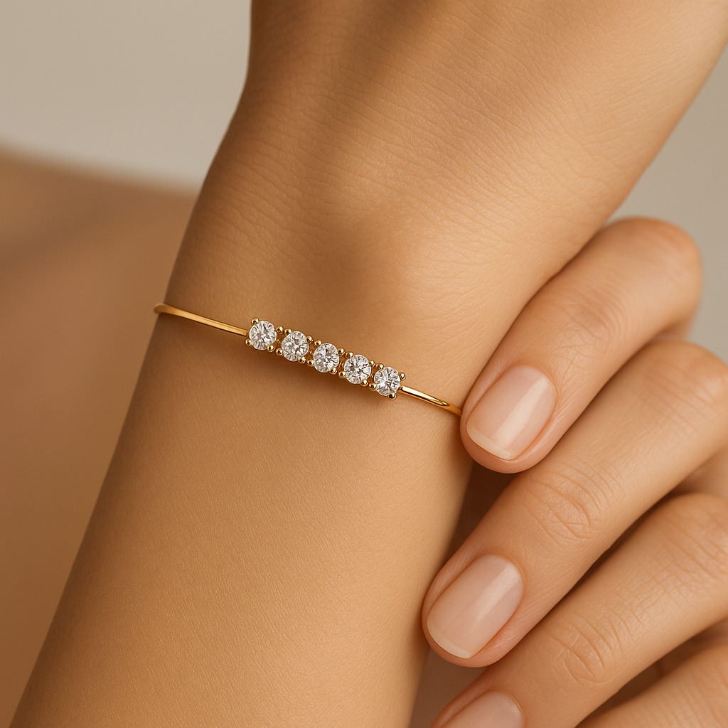 Generated image of a female model wearing the diamond station bracelet in small size