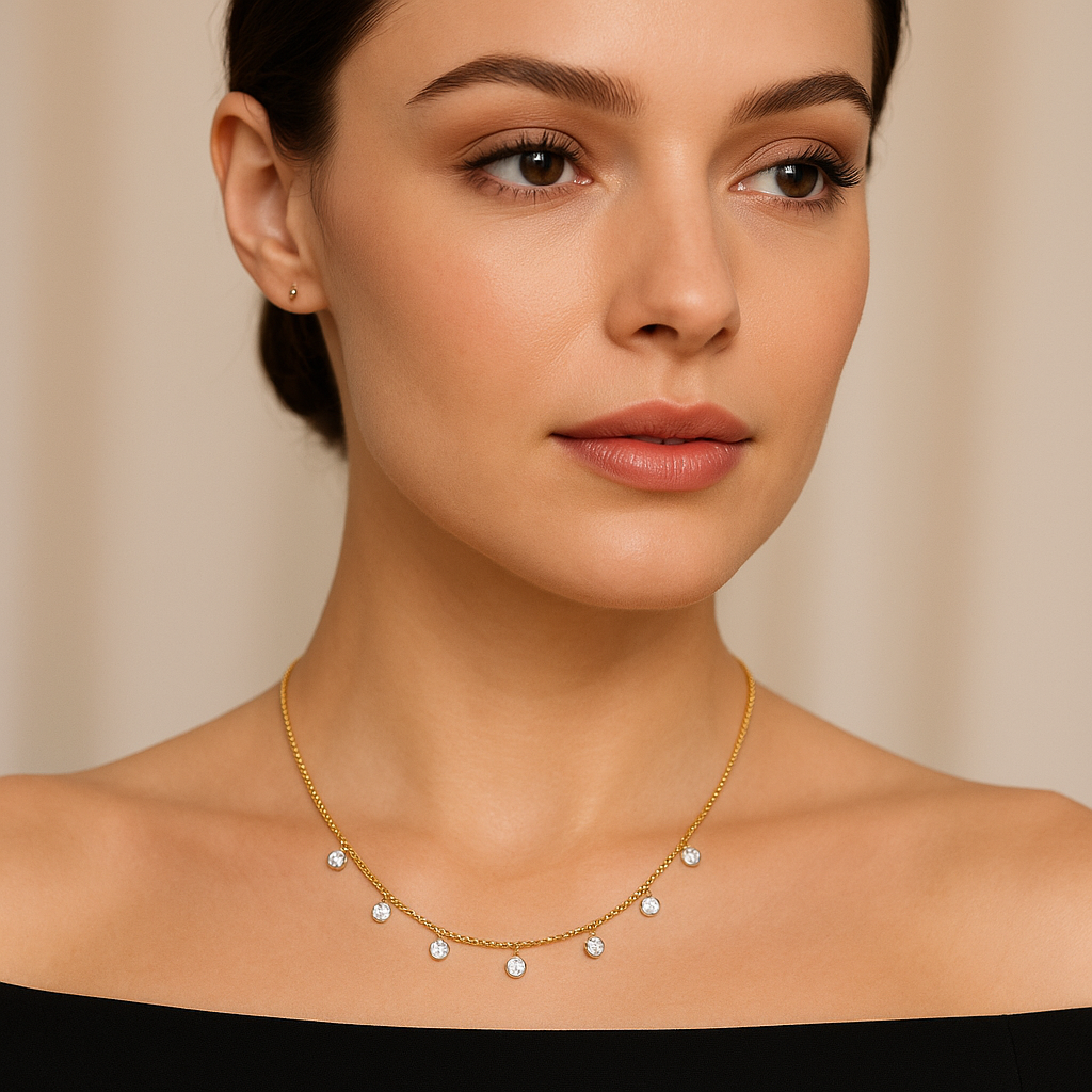 Generated image of a female model wearing the diamond station necklace in small size