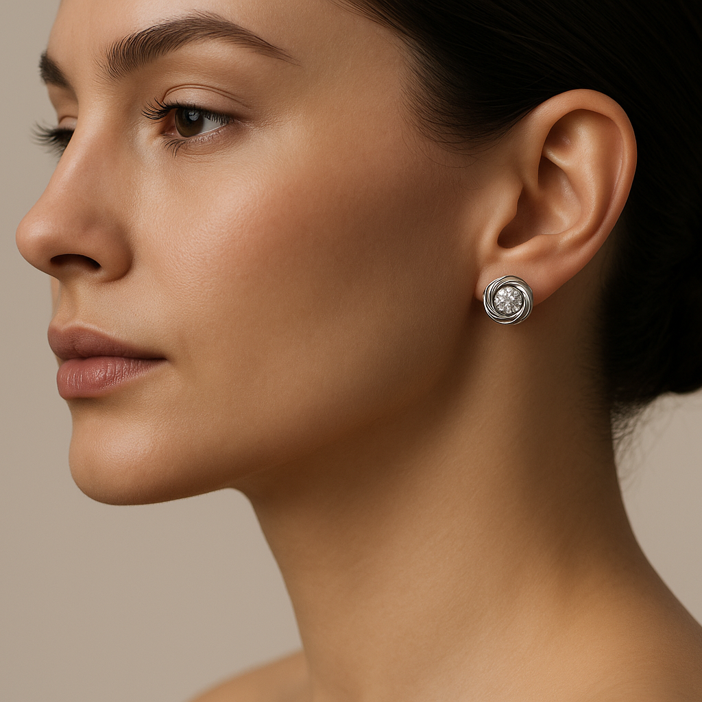 Generated image of a female model wearing the diamond stud earrings in small size