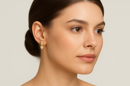 Generated image of a female model wearing the diamond stud earrings