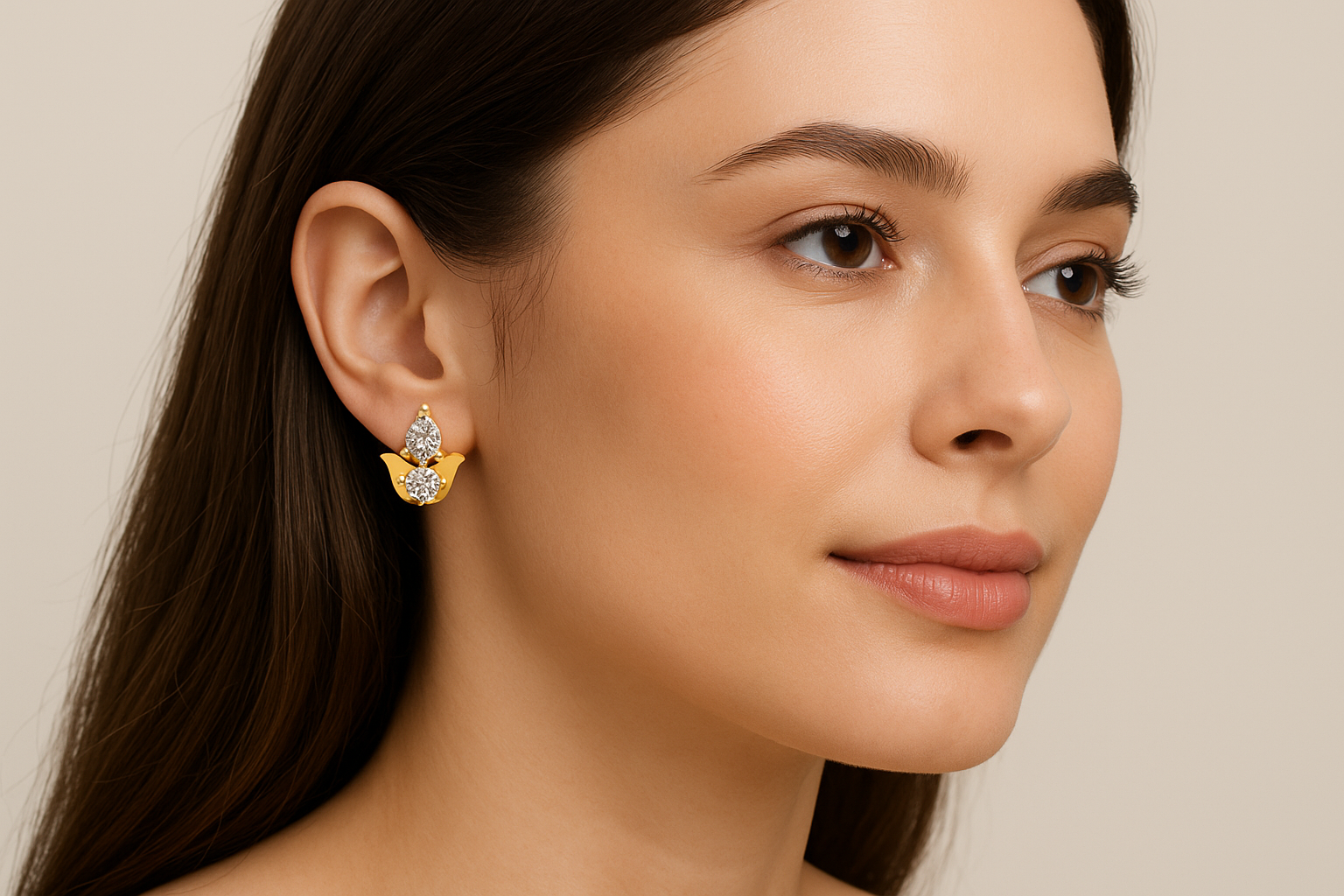 Generated image of a female model wearing the diamond stud earrings