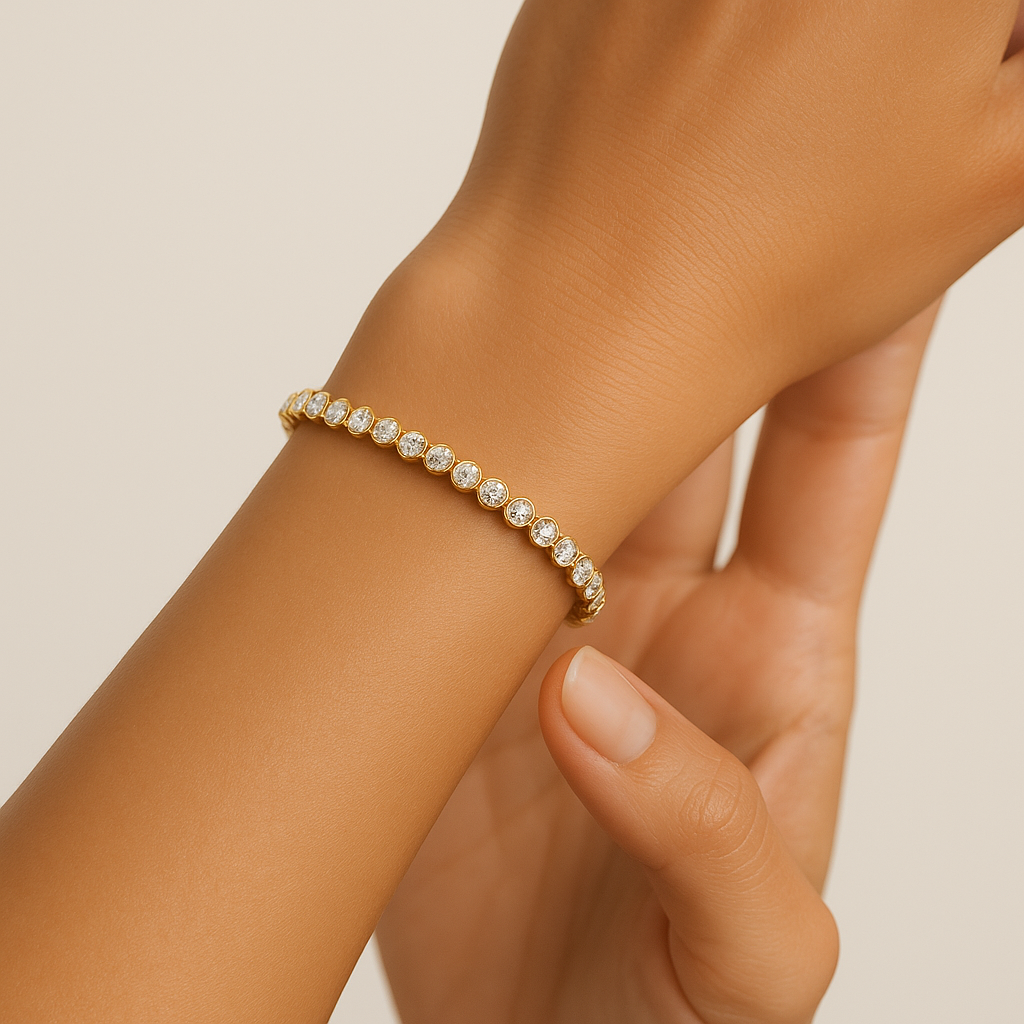 Generated image of a female model wearing the diamond tennis bangle in small size