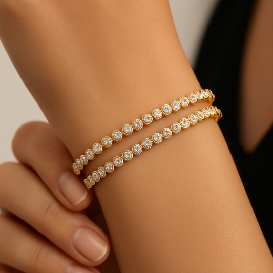 Generated image of a female model wearing the diamond tennis bangles in small size