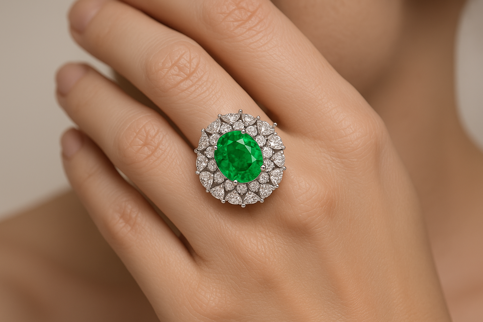 Generated image of a female model wearing the emerald and diamond ring