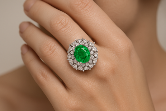 Generated image of a female model wearing the emerald and diamond ring