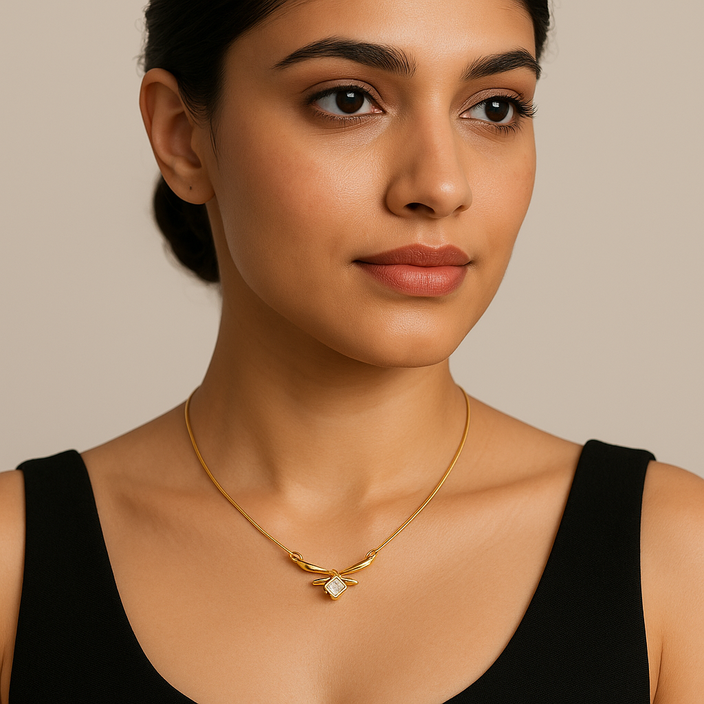 Generated image of a female model wearing the emerald-cut diamond mangalsutra in small size