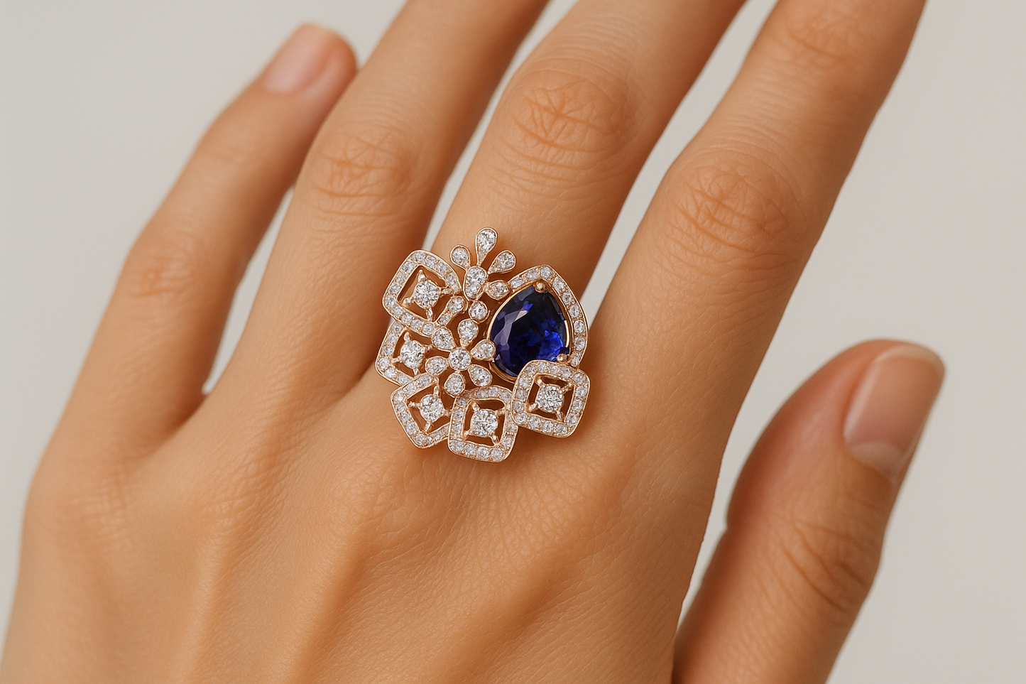 Generated image of a female model wearing the floral amethyst ring