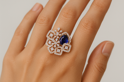 Generated image of a female model wearing the floral amethyst ring