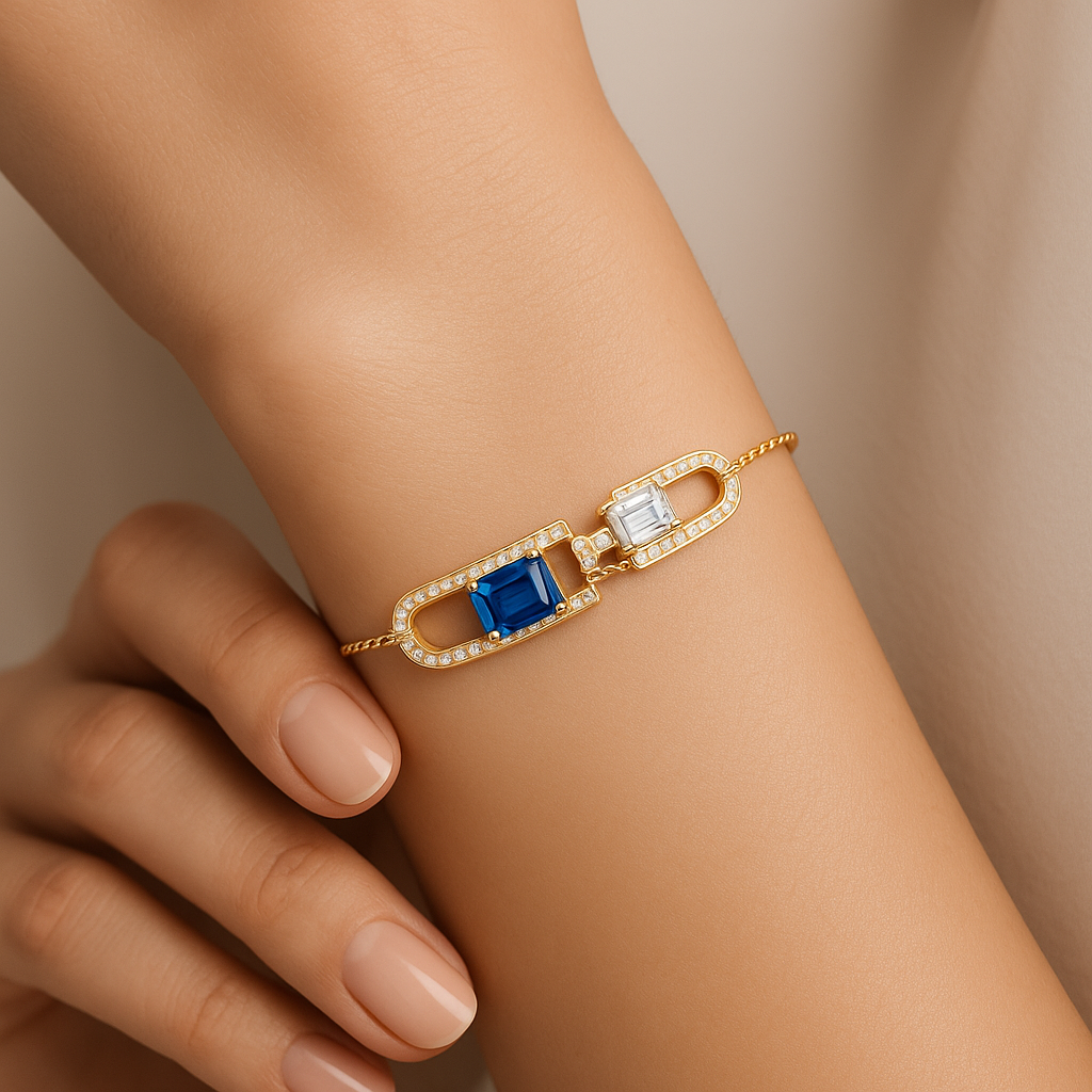 Generated image of a female model wearing the gemstone and diamond bracelet in small size