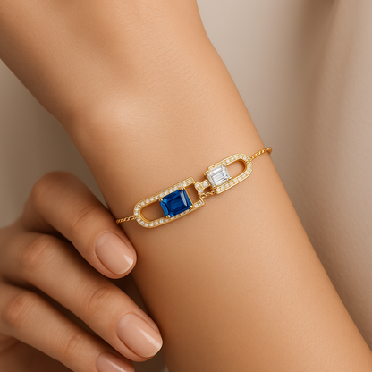 Generated image of a female model wearing the gemstone and diamond bracelet in small size