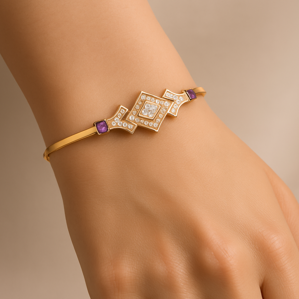 Generated image of a female model wearing the geometric diamond and amethyst bracelet in small size