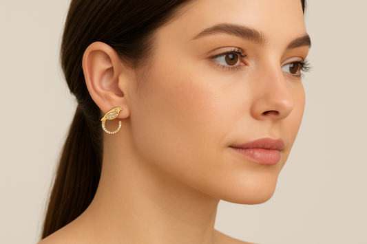 Generated image of a female model wearing the gold and diamond bird hoop earrings in a smaller size