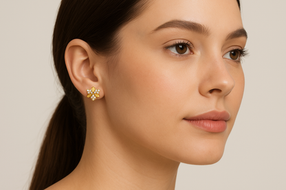 Generated image of a female model wearing the gold and diamond butterfly earrings in a smaller size