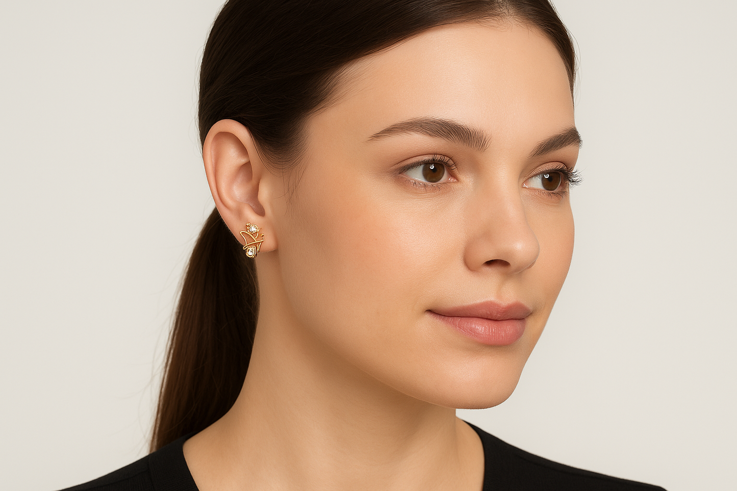 Generated image of a female model wearing the gold and diamond butterfly earrings in a smaller size
