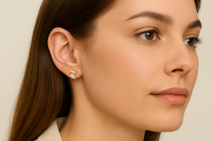 Generated image of a female model wearing the gold and diamond cluster earrings in a smaller size