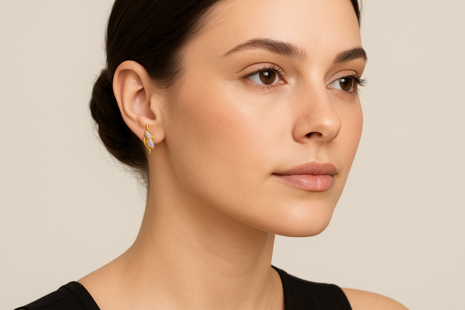 Generated image of a female model wearing the gold and diamond curved earrings in a smaller size