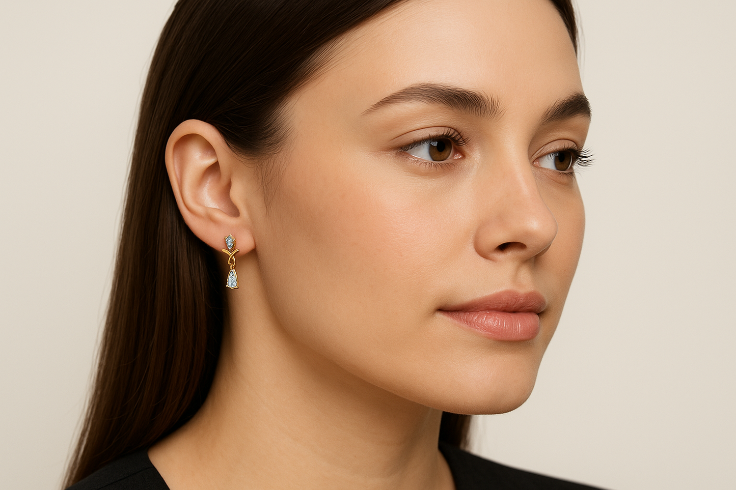 Generated image of a female model wearing the gold and diamond drop earrings in a smaller size