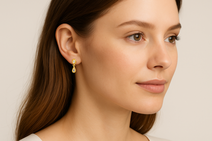 Generated image of a female model wearing the gold and diamond drop earrings in a smaller size