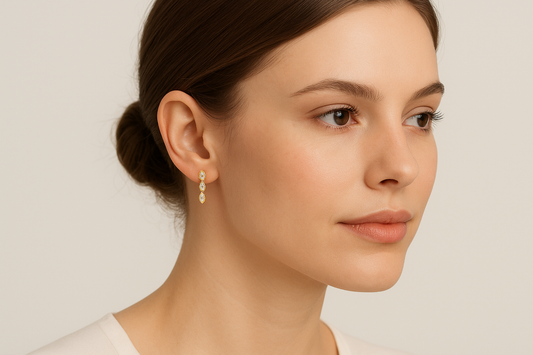 Generated image of a female model wearing the gold and diamond drop earrings in a smaller size
