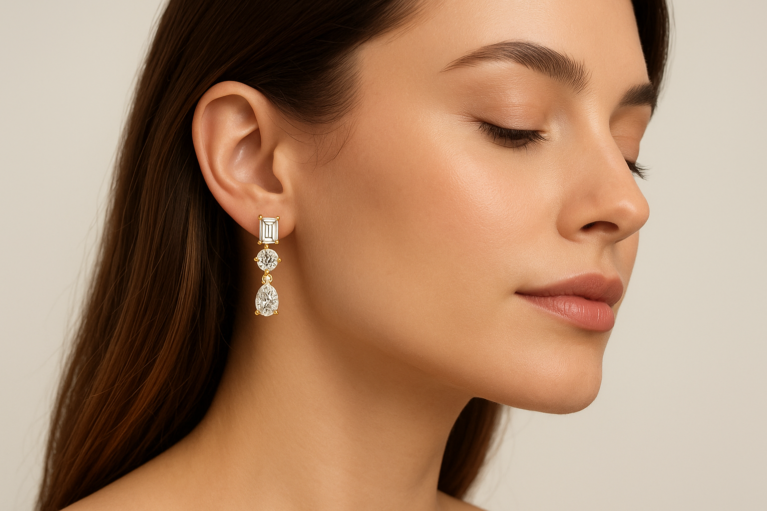 Generated image of a female model wearing the gold and diamond drop earrings