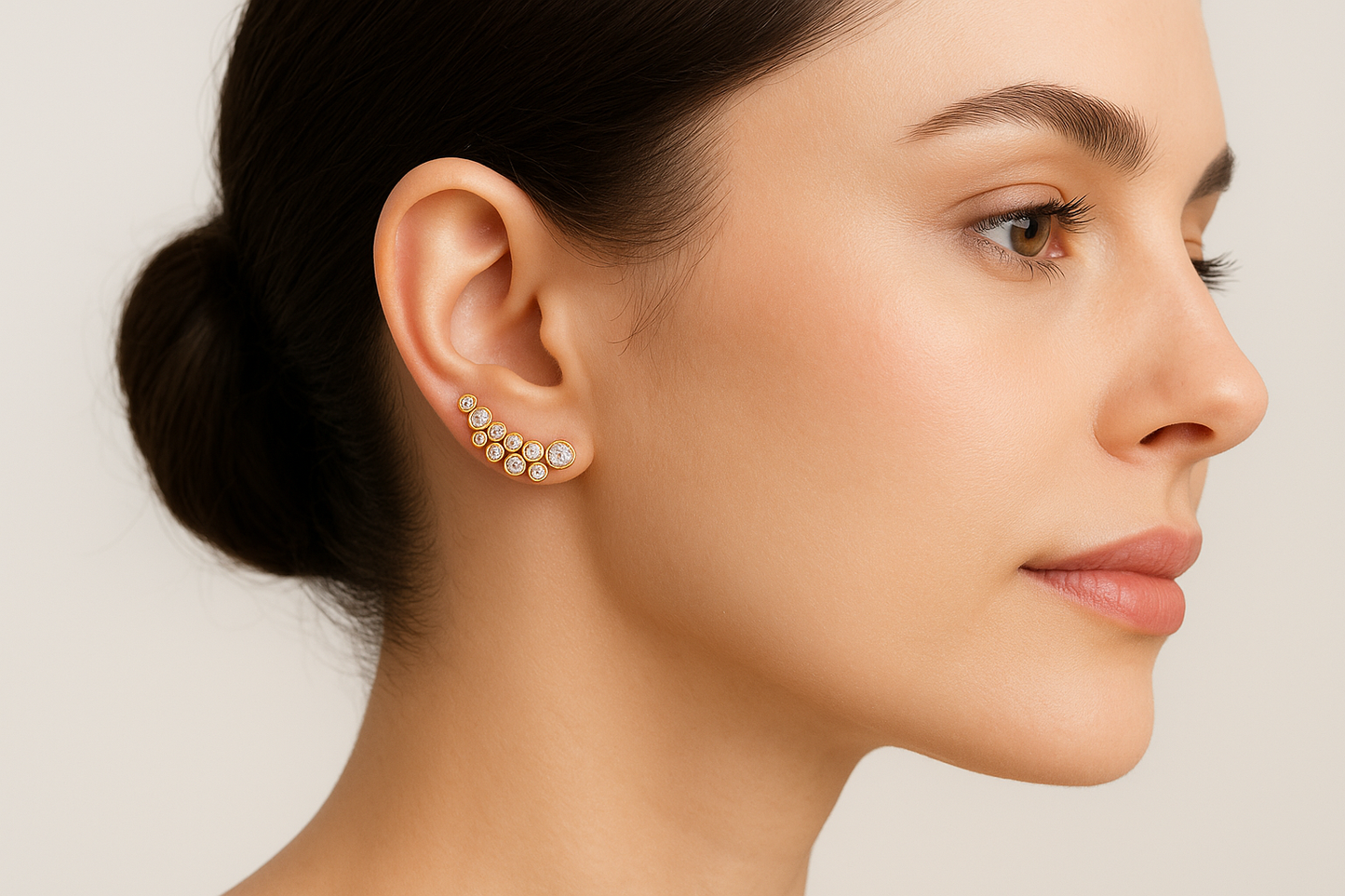 Generated image of a female model wearing the gold and diamond ear climber earrings