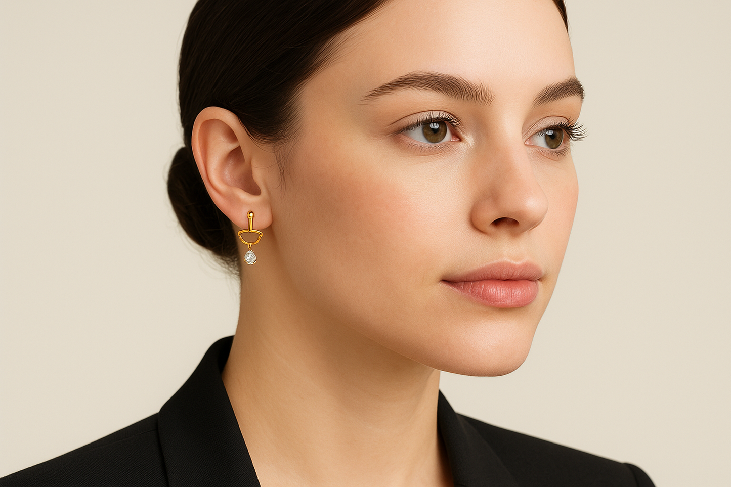 Generated image of a female model wearing the gold and diamond ear jacket earrings in a smaller size