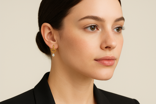 Generated image of a female model wearing the gold and diamond ear jacket earrings in a smaller size