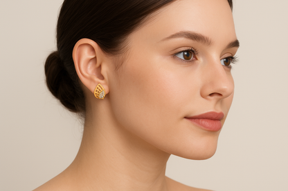 Generated image of a female model wearing the gold and diamond earrings in a smaller size