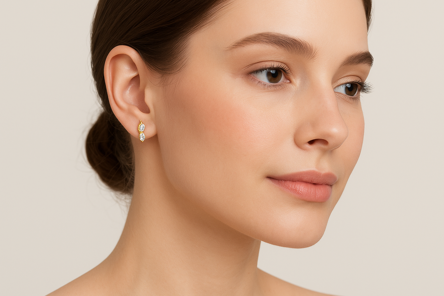 Generated image of a female model wearing the gold and diamond earrings in a smaller size