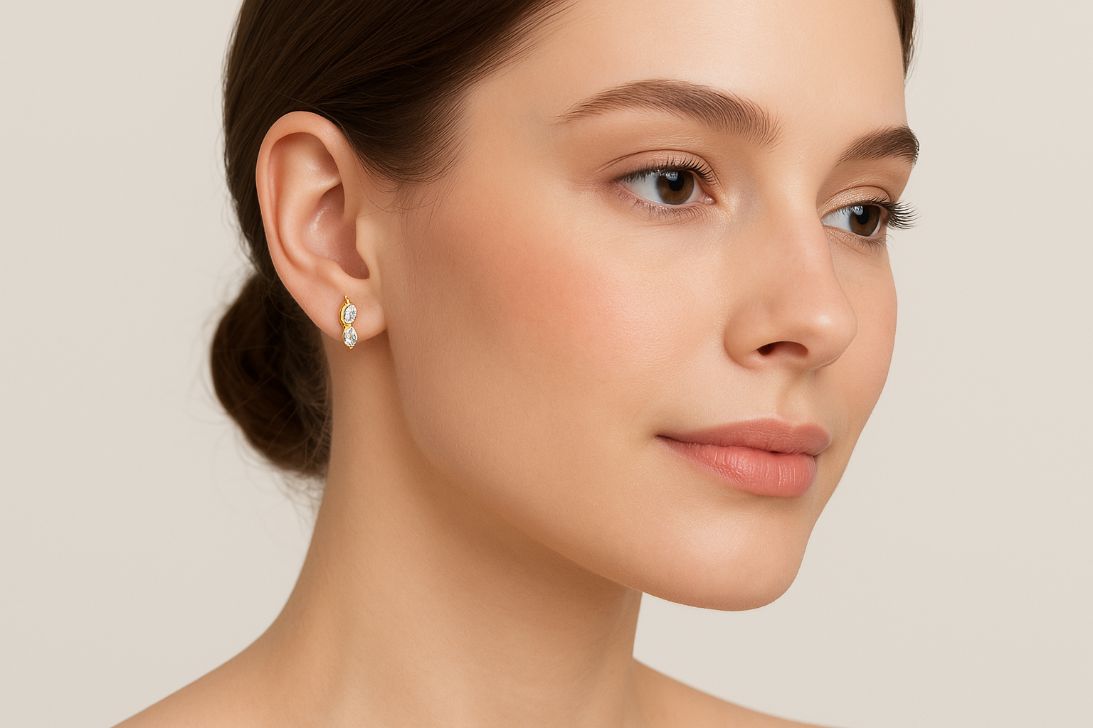 Generated image of a female model wearing the gold and diamond earrings in a smaller size