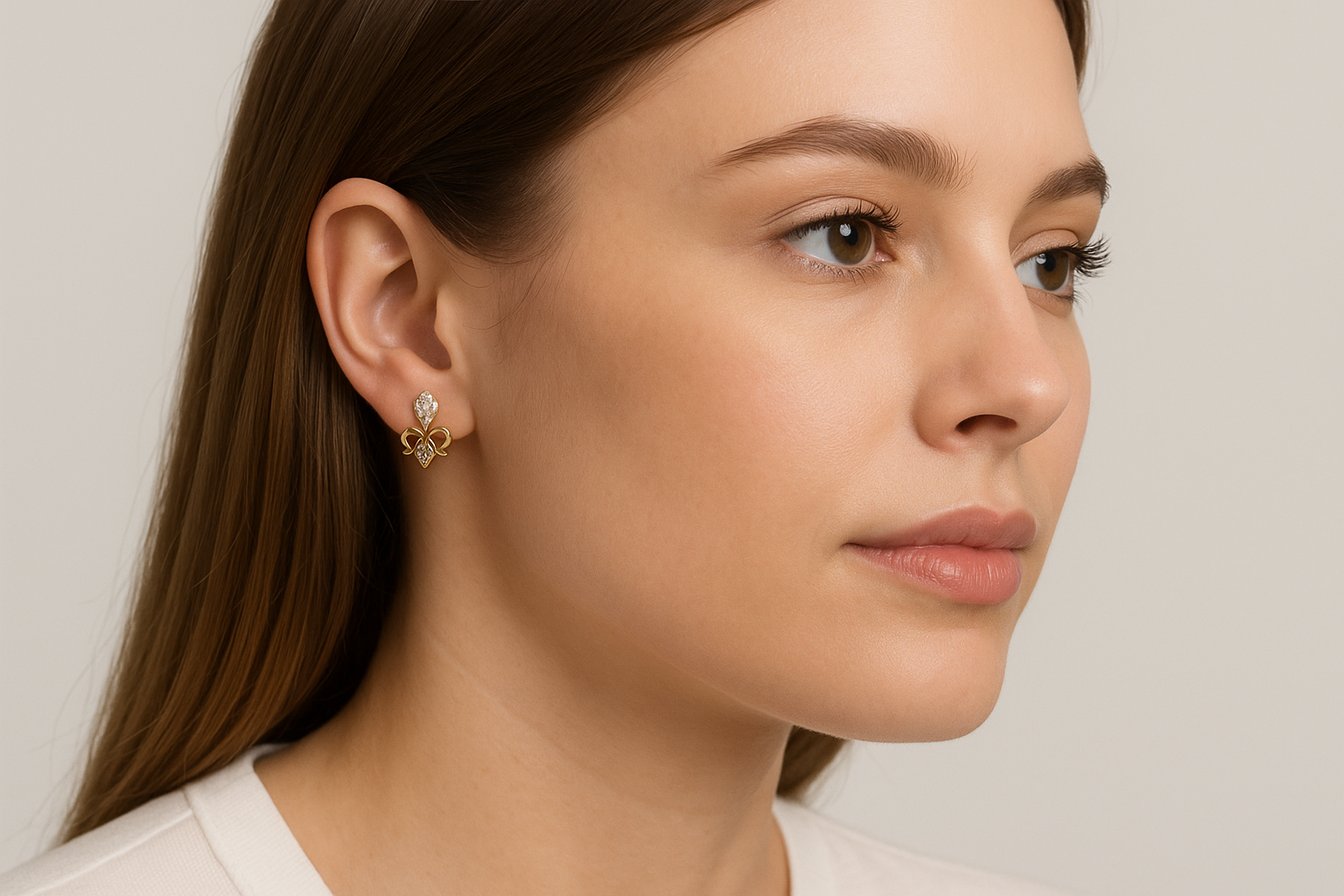 Generated image of a female model wearing the gold and diamond earrings in a smaller size