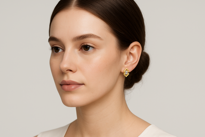 Generated image of a female model wearing the gold and diamond earrings in a smaller size